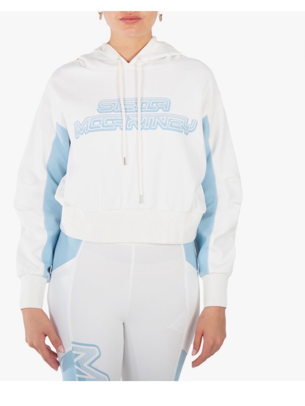 Stella McCartney White and Light Blue Cropped Logo Hoodie